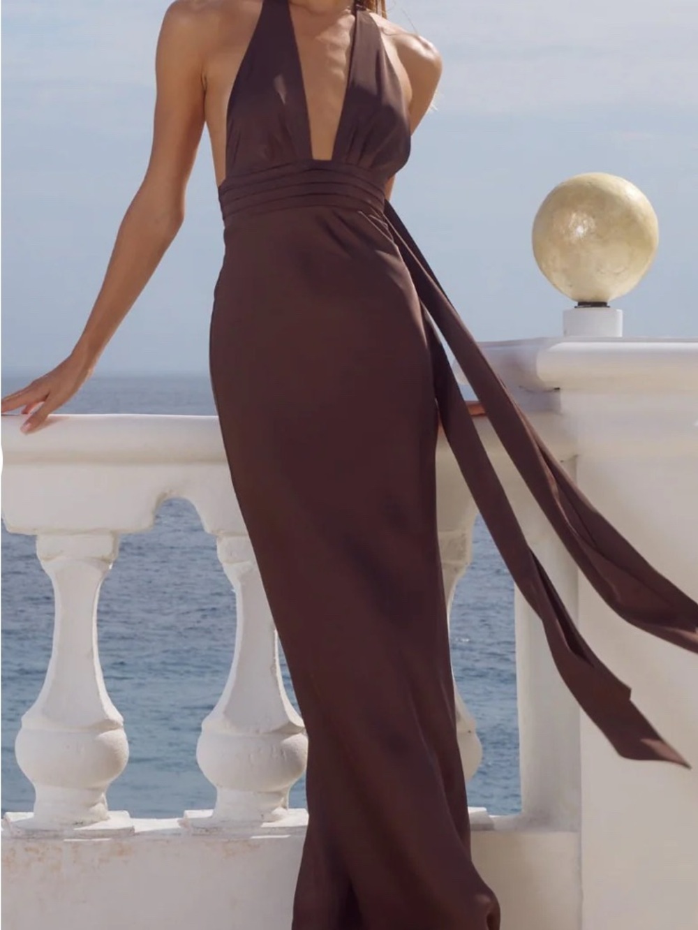American Threads Brown Halter Maxi Dress with Sash